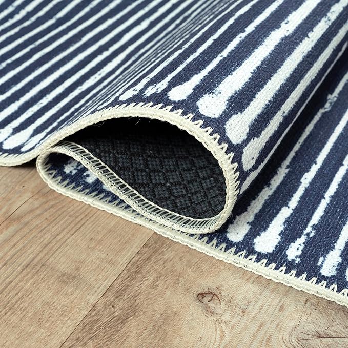 Bloom Rugs Washable Non-Slip 7 ft Runner - Blue Striped Runner for Entryway, Hallway, Bathroom, and Kitchen - Exact Size: 2.5' x 7'