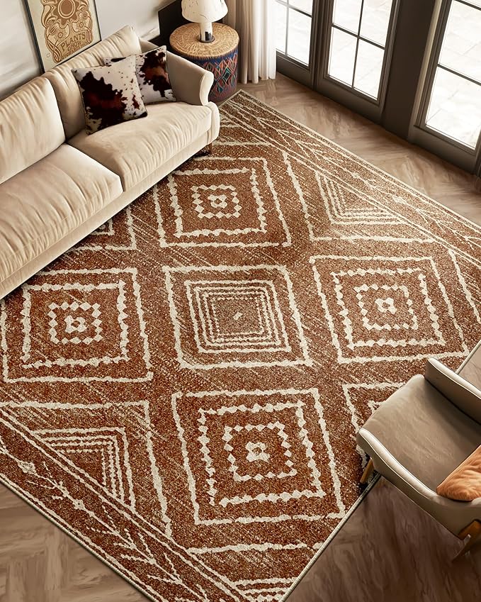 Area Rug 6x9 Rug Machine Washable Non-Slip Low Pile Print Pattern Western Rug for Living Room Bedroom Entryway Tribal Series -Yellowbrown/Cream