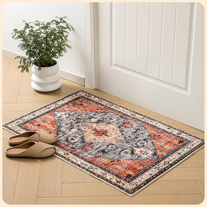 Istana Area Rug 2x4 - Red & Teal 2x4 Washable Rug Non Slip - Pet Friendly Living Room Rug - Non Shedding Washable Rugs for Bedroom - Foldable Bathroom Rugs
