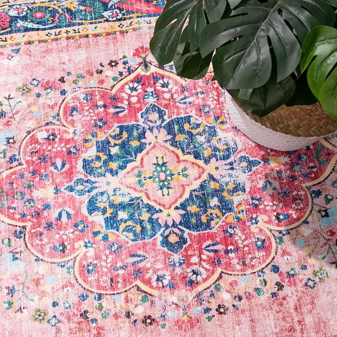Small Area Rug 2x3 Pink Boho Bathroom Rug for Entryway Kitchen Blush Thin Foldable Vintage Throw Rug Low Pile Non Slip Washable Indoor Carpet