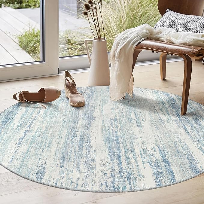 MUJOO Round Rug 4ft,Small Cicle Area Rug Washable,Circular Rugs for Entryway Bedroom Kitchen,Modern Abstract Non Slip Throw Carpet Accent Neutral Blue