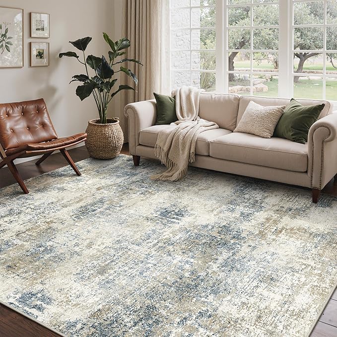 Bavni 8x10 Area Rugs Machine Washable Rug for Living Room, Modern Printed Rug Indoor Soft Area Rug for Bedroom Dining Room, Ultra-Thin Low Pile Carpet with Non Slip Rubber Backing, Gray Beige Blue