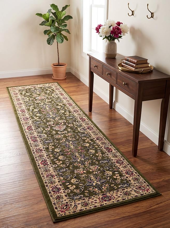 Rugs.com Yasmin Collection Rug – 16 Ft Runner Green Medium Rug Perfect for Hallways, Entryways