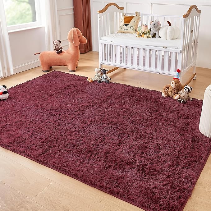 Andency 6x9 Area Rugs Burgundy,Large Shag Fluffy Soft Shaggy Rugs for Living Room Bedroom, Non-Slip Thick Plush Carpet for Kids Girls and Boys, Dorm Nursery Home Decor Aesthetic