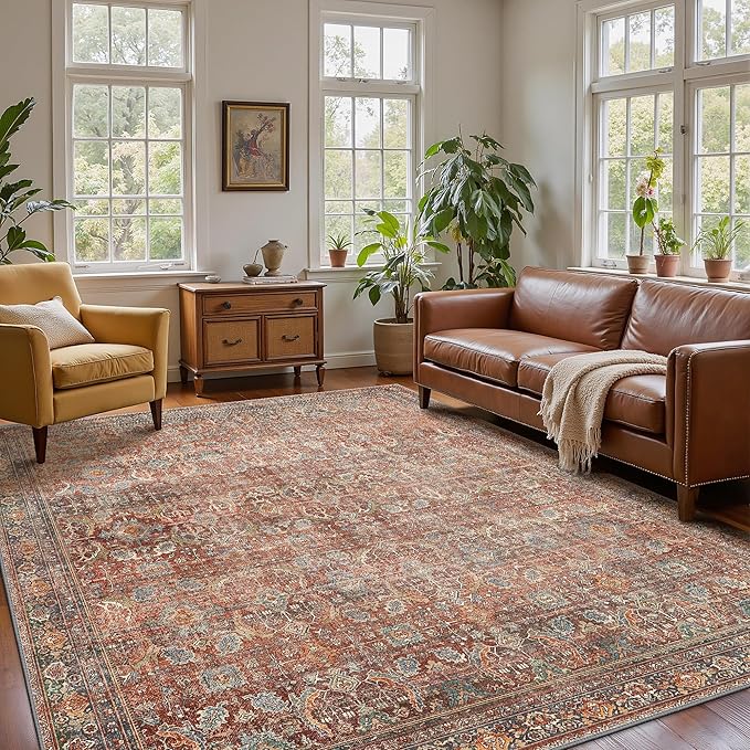 9x12 Area Rug Machine Washable Boho Rug for Living Room,Ultra-Thin Low Pile Carpet,Lightweight Indoor Printed Rug,Non Slip Floral Area Rug for Bedroom, Dining Room, Home Office,Terracotta/Indigo