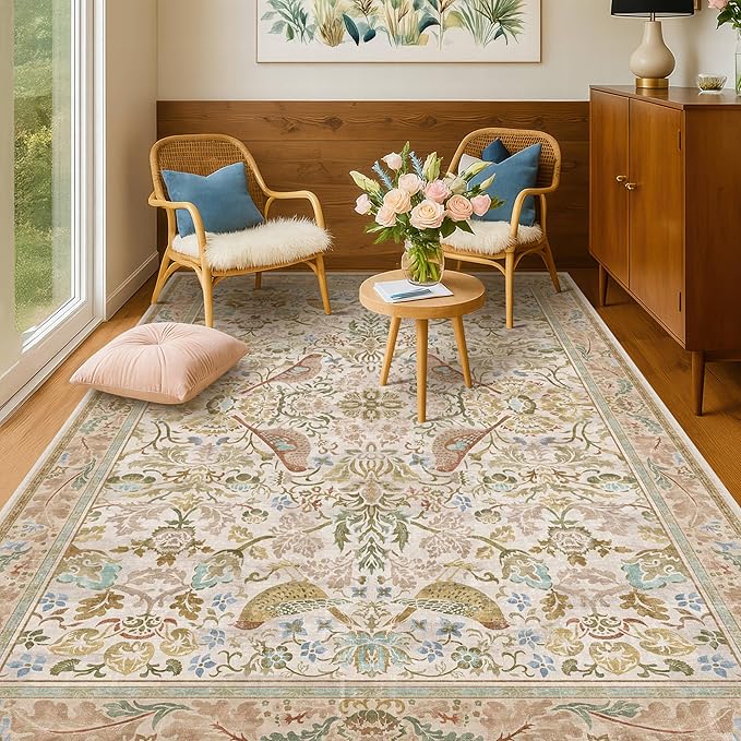 Washable Area Rugs 5x8 for Bedroom - Western Nature Rugs for Living Room, Dinning Room,Playroom, Guest Room with Boho Beige Neutral Botanical & Bird Pattern, Non Slip Stain Resistant Low Pile