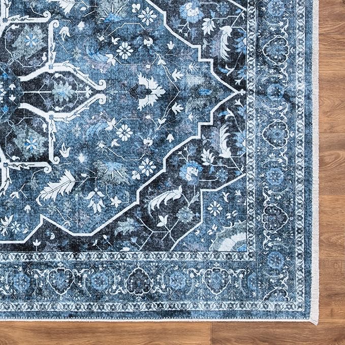 Bloom Rugs Caria Washable Non-Slip 7 ft Runner - Blue/Charcoal Traditional Runner for Entryway, Hallway, Bathroom, and Kitchen - Exact Size: 2'6" x 7'