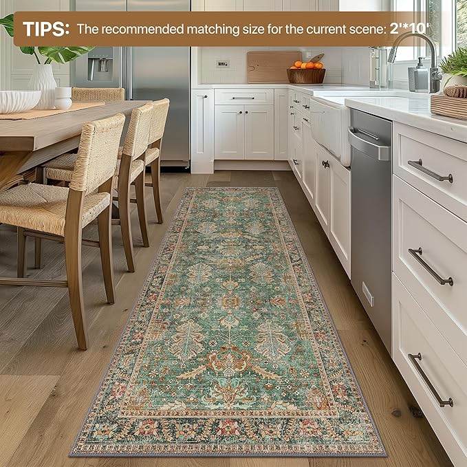 Bavni Runner Rug, Machine Washable Rugs for Bedroom 2x7, Non Slip Boho Rugs with Rubber Backing, Ultra-Thin Folable Rug Runner for Hallways Bathroom, Sage/Gold