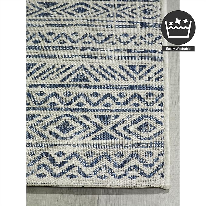 FH Home Flat Woven Outdoor Rug - Waterproof, Easy to Clean, Stain Resistant - Premium Polypropylene Yarn - Striped Boho - Patio, Porch, Deck, Balcony - Amman - Blue - 5ft 2in x 7ft 6in