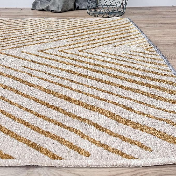 Alfa Rich 5x8 Geometric Gold Off White Washable Area Rugs for Living Room Bedroom Kitchen Cotton Rug