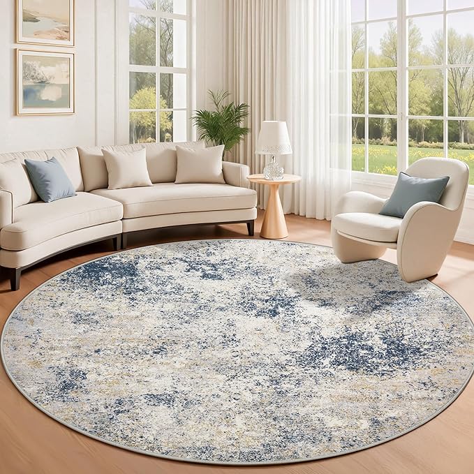 8ft Washable Round Rug - 8x8 Area Rugs Modern Abstract Rugs for Living Room Non-Slip Low Pile Soft Machine Washable Carpet for Bedroom, Living Room, Dining Room, Nursery, Farmhouse (8'x8' Beige Blue)