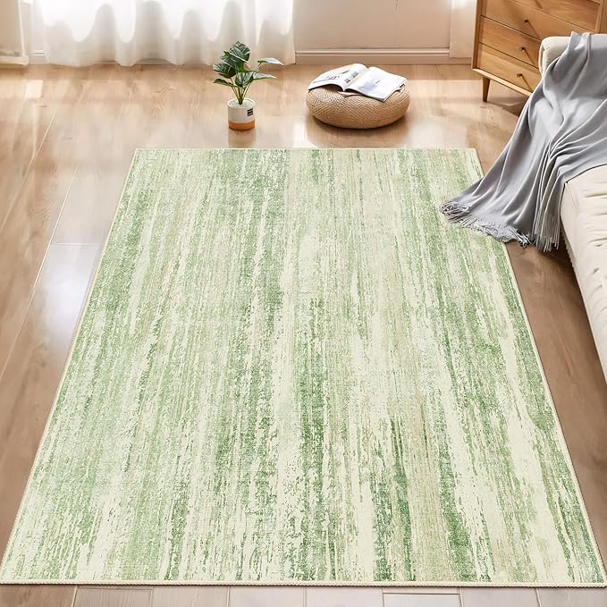 MUJOO 5x7 Washable Area Rug,Modern Abstract Rugs for Living Room Bedroom Dining Room,Large Non Slip Carpet Indoor,Low Pile Throw Rug Accent Neutral Green