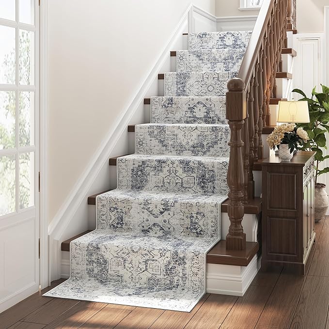 jinchan Kelda Runner Rug 3x8 Vintage Hallway Rug Kitchen Washable Runner Retro Floor Cover Lightweight Non-Slip Low Pile Thin Distressed Carpet for Entryway Bathroom Laundry Room Bedroom Stairway Grey