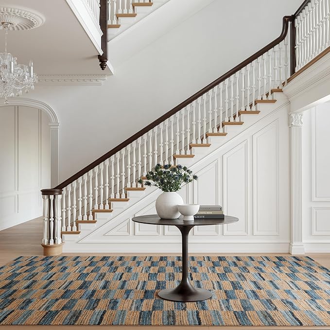 Dash & Albert Ravel Stripe Blue Machine Washable Rug, 3 X 5 Feet, Tan/Blue Stripe Pattern