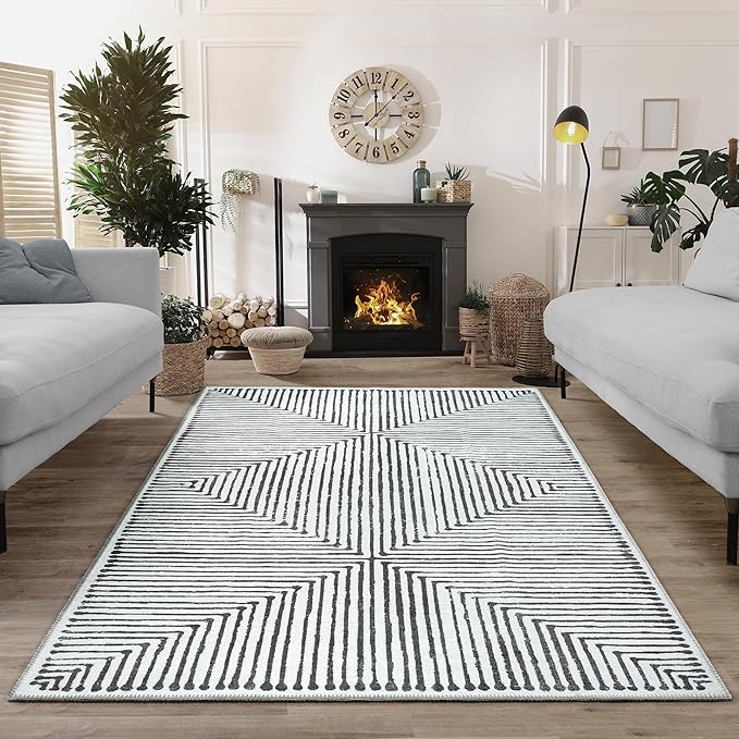 Bloom Rugs Washable Non-Slip 8' x 10' Rug - Black/Ivory Striped Area Rug for Living Room, Bedroom, Dining Room, and Kitchen - Exact Size: 8' x 10'
