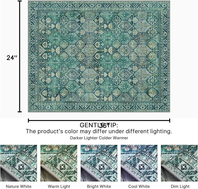 Bavni 2x3 Entryway Rug Bathroom Rugs for Front Door Bedroom Bathroom Kitchen, Washable Vintage Print Carpet, Ultra-Thin Chenille Lightweight Rug with Non Slip Backing, Dark Green