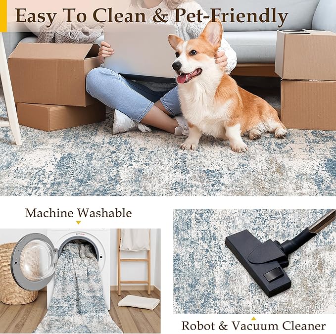 Blue 4x6 Area Rug Washable Abstract Office Carpet Modern Neutral Non Slip Indoor Entry Soft Low Pile Contemporary Aesthetic Door Mat Bedroom Throw Rug for Kitchen Laundry Dining Room