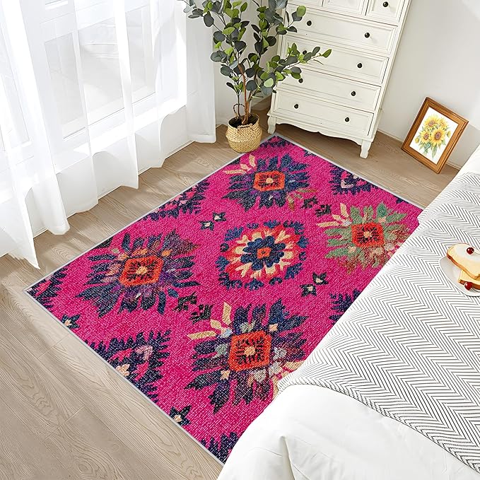 Southwestern Rugs for Bedroom - 4x5ft - Ethnic Vintage Floral Medallion Rugs for Living Room Non Slip Low Pile Machine Washable Area Rug, Southwestern Carpets Home Decor & Gifts