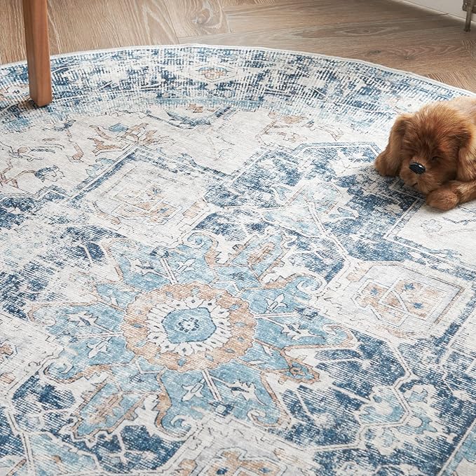 jinchan Kelda Round Rug 6ft Washable Area Rug Indoor Vintage Bedroom Floor Cover Distressed Circle Mat 6' Round Lightweight Non Slip Low Pile Thin Farmhouse Carpet for Living Room Dining Room Blue