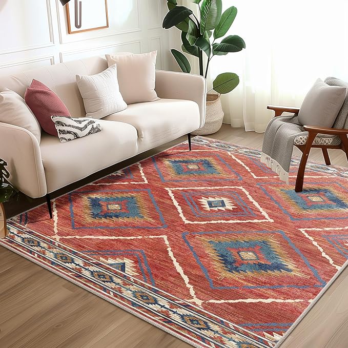 Area Rug 8x8 Rug Machine Washable Non-Slip Low Pile Print Pattern Western Rug for Living Room Bedroom Entryway Tribal Series -Red/Orange