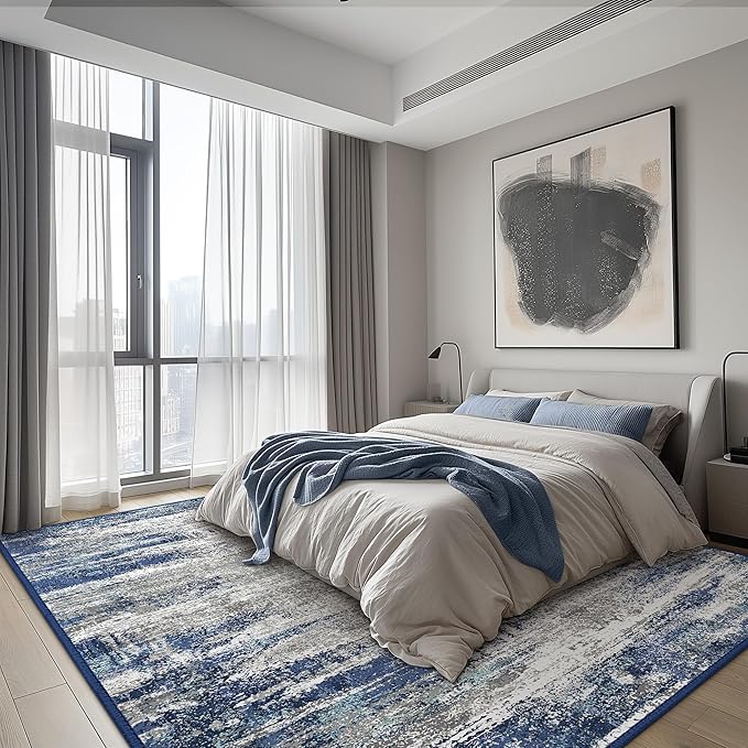 Bavni Area Rugs 9x12 Living Room, Modern Machine Washable Rugs Non-Slip, Modern Soft Large Rug for Bedroom, Dining Room, Office, Playroom, Blue/Ivory