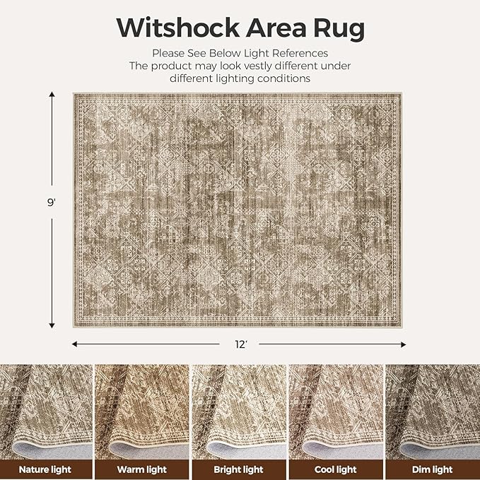 WITSHOCK 9x12 Area Rugs for Living Room: Machine Washable Non Slip Modern Abstract Carpet - Low Pile Print Rug for Bedroom Dining Room - Stain Resistant for Household - Pet Owners (Earthy Brown)