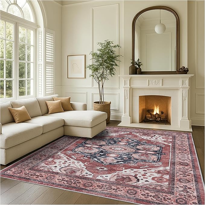 Fame Rugs Turkish Rug. Washable Vintage Oriental Antique Inspired Traditional Doormat Small Modern Area Rugs Luxury Entryway Entry Bedroom Bathroom Kitchen (404RR, 2'5 x 13'1)
