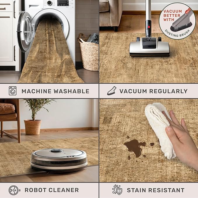 Washable 2x3 Small Entryway Rugs Indoor, Gold and Brown Area Rug for Kitchen, Bathroom, Farmhouse Medallion Indoor Décor, Non Slip Low Pile Stain Resistant Carpet