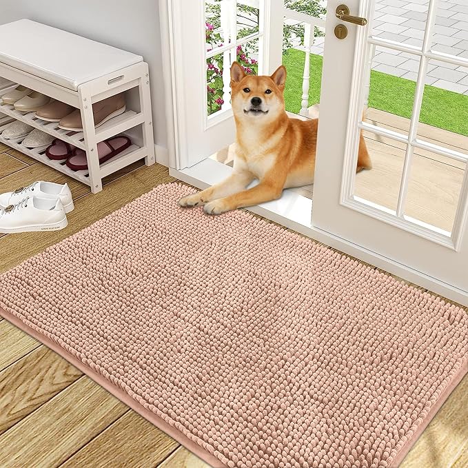 OLANLY Dog Door Mat for Muddy Paws 48x30, Absorbs Moisture and Dirt, Absorbent Non-Slip Washable Doormat, Quick Dry Chenille Mud Mat for Dogs, Entry Indoor Entryway Carpet for Inside Floor, Peach