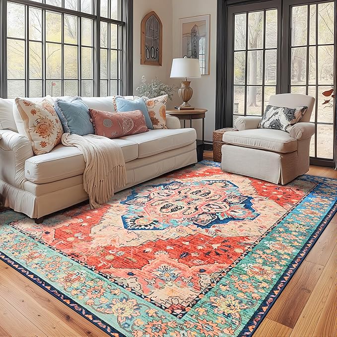 YJ.GWL Area Rugs for Living Room 4x6 Machine Washable Rugs for Bedroom, Non Slip Floral Vintage Rug Indoor Carpet, Stain Resistant Throw Rug for Dining Room Kitchen, Red Blue Gradient Color
