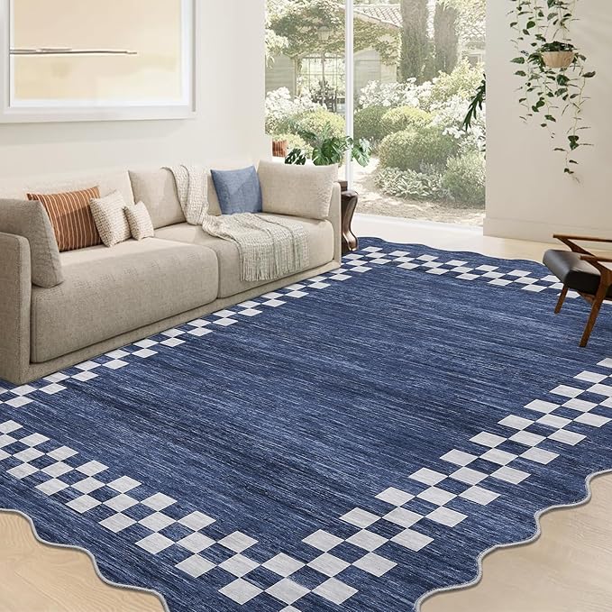 GarveeHome 4x6 Area Rug Small Washable Living Room Rug Scalloped Rug with Rubber Backing Stain Resistant Low Pile Dining Room Throw Carpet Modern Bordered Mat for Bedroom Kitchen, Blue