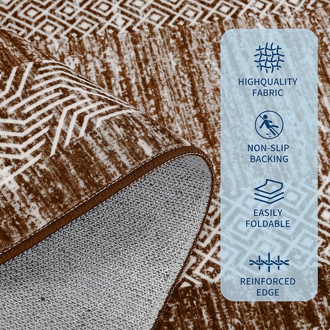 GarveeHome Area Rug 8x10 Modern Geometric Living Room Rug Non Slip, Thin Washable Carpet, Soft Non Shedding Foldable Floor Covering, Low Pile Thin Printed Mats for Bedroom Office, Brown