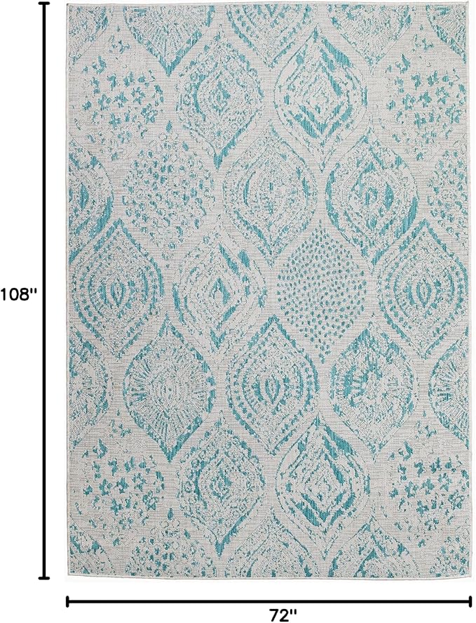 FH Home Outdoor Rug - Waterproof Easy to Clean Stain Resistant - Patio Indoor Outdoor Porch Deck Balcony Entryway - Distressed Farmhouse - Granada - Aqua - 6' x 9'