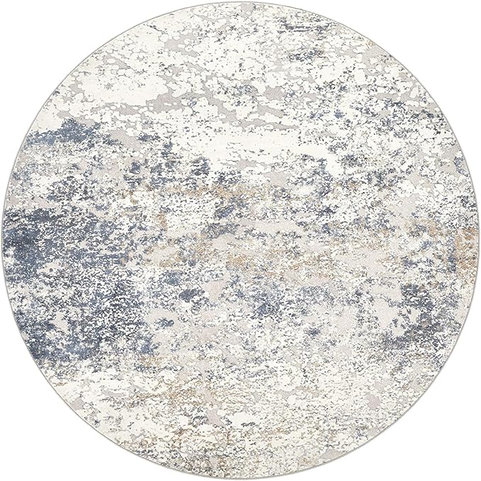 8ft Round Area Rug Living Room Rugs - 8x8 Washable Large Soft Indoor Neutral Modern Abstract Low Pile Rug Carpet for Bedroom Dining Room Farmhouse Home Office - Beige Blue