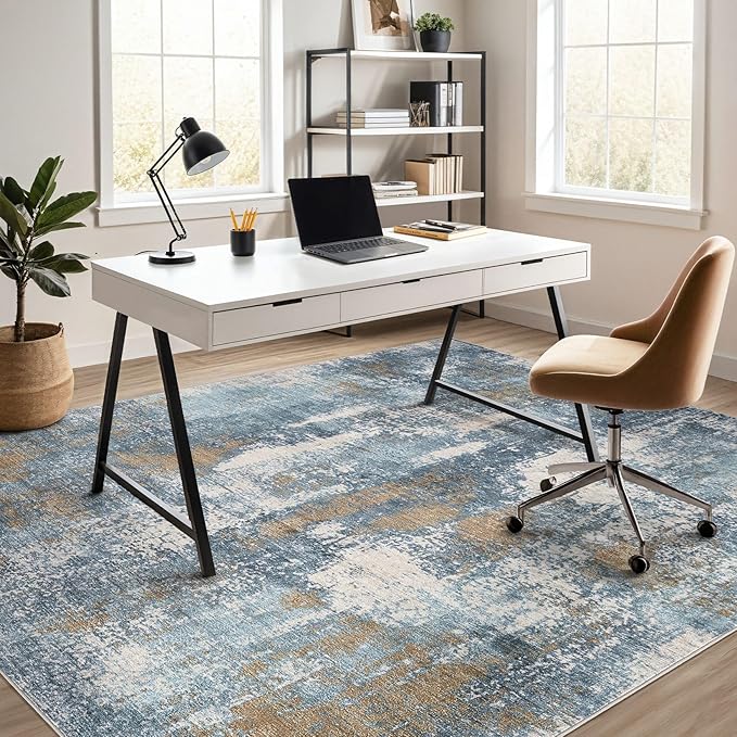 Area Rug Living Room Rugs - 6x9 Washable Soft Indoor Neutral Modern Abstract Low Pile Rug Carpet for Bedroom Dining Room Farmhouse Home Office - Blue Brown