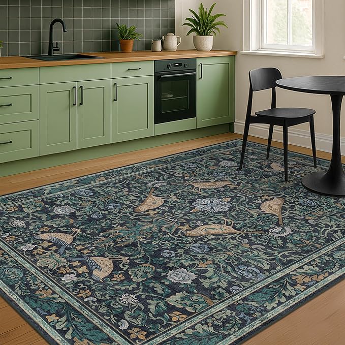 Moody Floral 6x9 Boho Living Room Rug - Washable Forest Bird Non-Slip & Low Pile Soft Carpet, Navy Blue & Deep Teal Area Rug for Dining Room Under Table, Bedroom