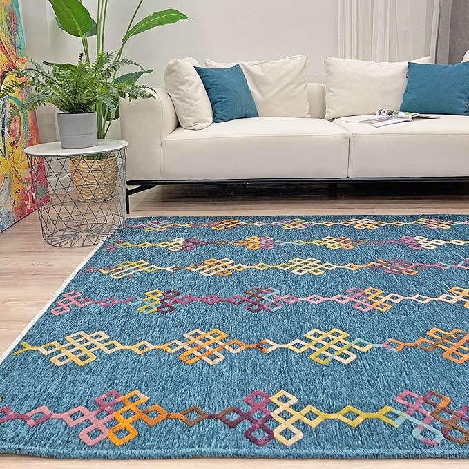 Alfa Rich 3x10 Moroccan Blue Washable Area Rugs for Living Room Hallway Kitchen Decor Cotton Runner