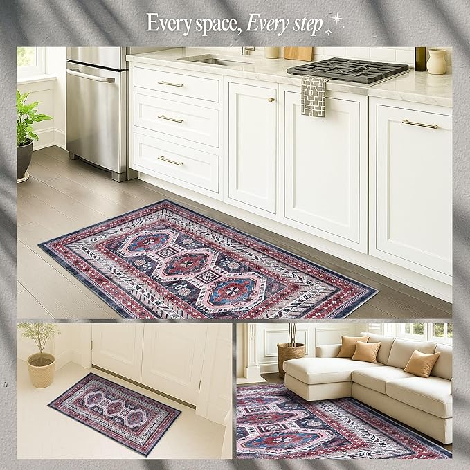 Fame Rugs Turkish Rug. Washable Vintage Oriental Antique Inspired Traditional Doormat Small Modern Area Rugs Luxury Entryway Entry Bedroom Bathroom Kitchen (400RN, 2'5 x 9'8)
