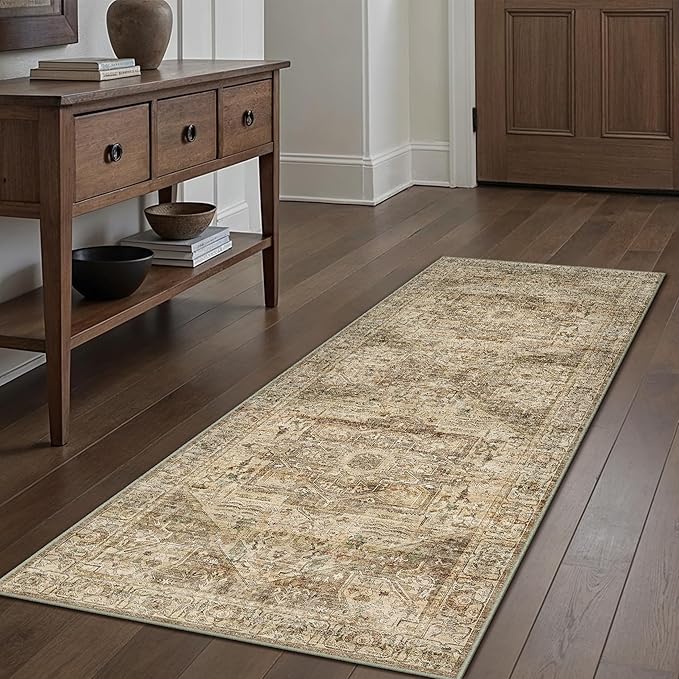 Brown Multi Hallway Runner Rug 2x6 Vintage Washable Distressed Area Carpet Kitchen Indoor Non Slip Long Traditional Medallion Retro Accent Throw Rug for Bedroom Laundry Dining Living Room