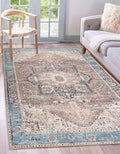 GLN Rugs Traditional Collection - Machine Washable Area Rug, Traditional Washable, Non Slip, Low Pile Chenille Rug, Living Room, Bedroom, Kitchen Rug (4' x 6' Brown/Blue)