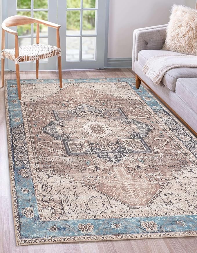 GLN Rugs Traditional Collection - Machine Washable Area Rug, Traditional Washable, Non Slip, Low Pile Chenille Rug, Living Room, Bedroom, Kitchen Rug (5' x 7' Brown/Blue)