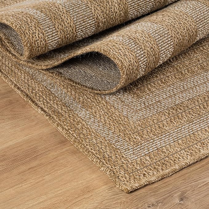 Beverly Rug Easy Jute Framed Border Rug 10x14 Washable Large Indoor Outdoor Area Rugs for Living Dining Room Patio Office Stain Resistant Non Shedding Casual Indoor Outside Carpet 10 x 14 Natural