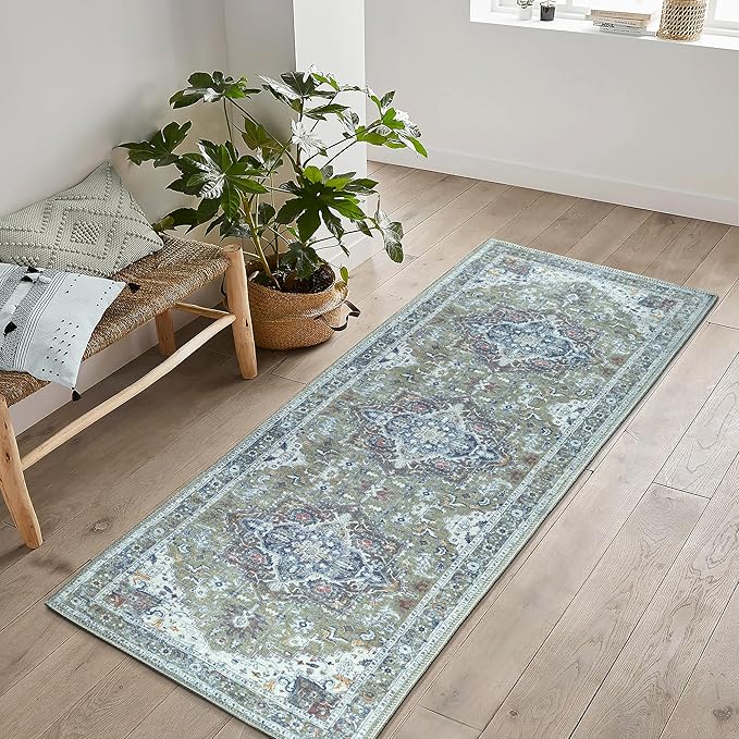 Bloom Rugs Washable Non-Slip 7 ft Runner - Green/Blue Traditional Medallion Runner for Entryway, Hallway, Bathroom, and Kitchen - Exact Size: 2.5' x 7'