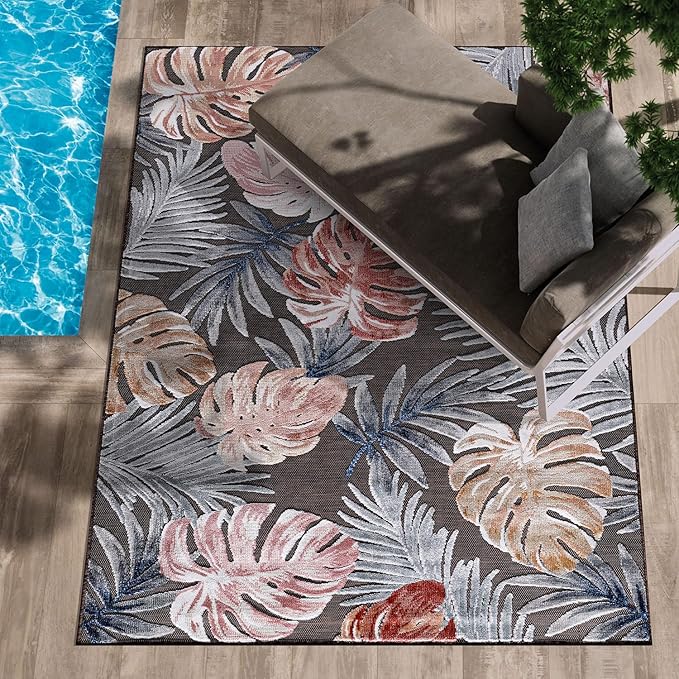 CAMILSON Indoor Outdoor Rug, Brown 6’x9’ Leaf Tropical Botanical Area Rugs for Indoor and Outdoor patios, Easy-Cleaning Non-Shedding Living Room, Garden and Kitchen Washable Outside Carpet (6x9)