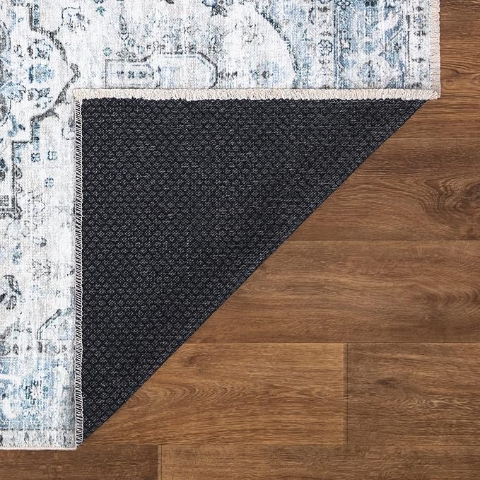 Bloom Rugs Caria Washable Non-Slip 4x6 Rug - Ivory/Blue/Gray Traditional Area Rug for Living Room, Bedroom, Dining Room, and Kitchen - Exact Size: 4' x 6'