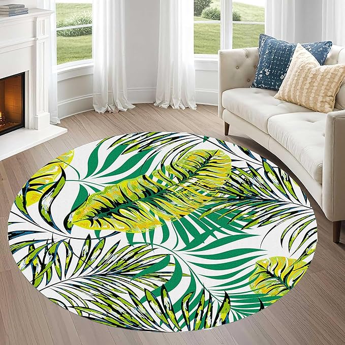 Tropical Round Rug 7ft, Watercolor Palm Leaves Pattern Low Pile Circle Carpet, Non-Slip Washable & Non-Shedding Indoor Mat for Bedroom, Entrance, Office Decor