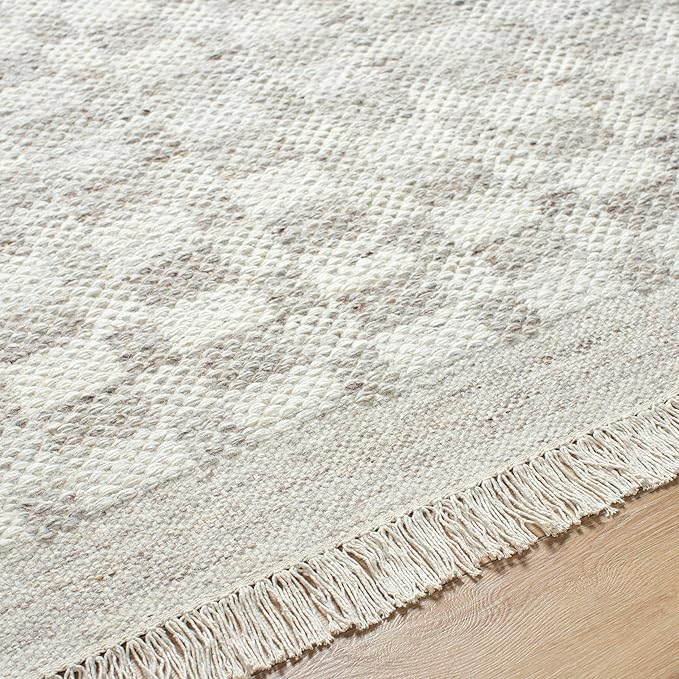 Mark&Day Wool Rugs, 6x9 Clinten Solid and Border Light Gray Checkered Rug, Grey Ivory Carpet for Living Room, Bedroom or Kitchen (6' x 9')