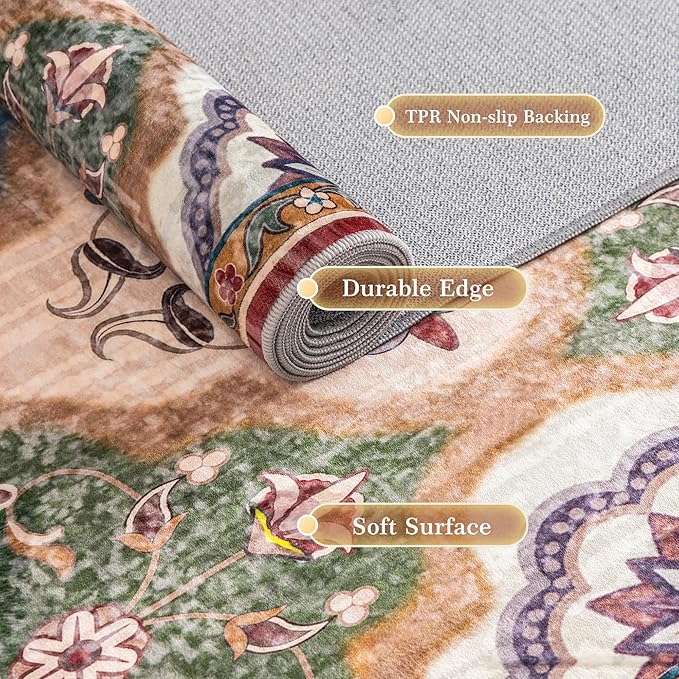 EnHomee Area Rugs 3x5, Soft Washable Rugs for Living Room Bedroom, Boho Non Slip Low Pile Stain Resistant Washable Rug Large Carpet for Dining Room,Easy to Clean Living Room Rug, Red & Green