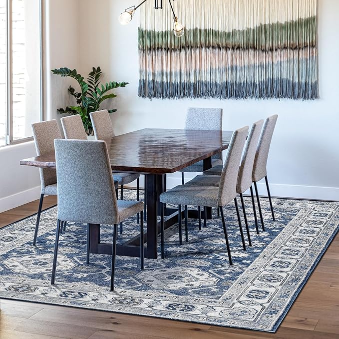 VK VK·LIVING Machine Washable Rug 5'x7' Vintage Design Washable Area Rugs with Non Slip Rugs for Living Room Bedroom Traditional Woven Carpet Stain Resistant Home Decor Office Boho Rug (Navy)