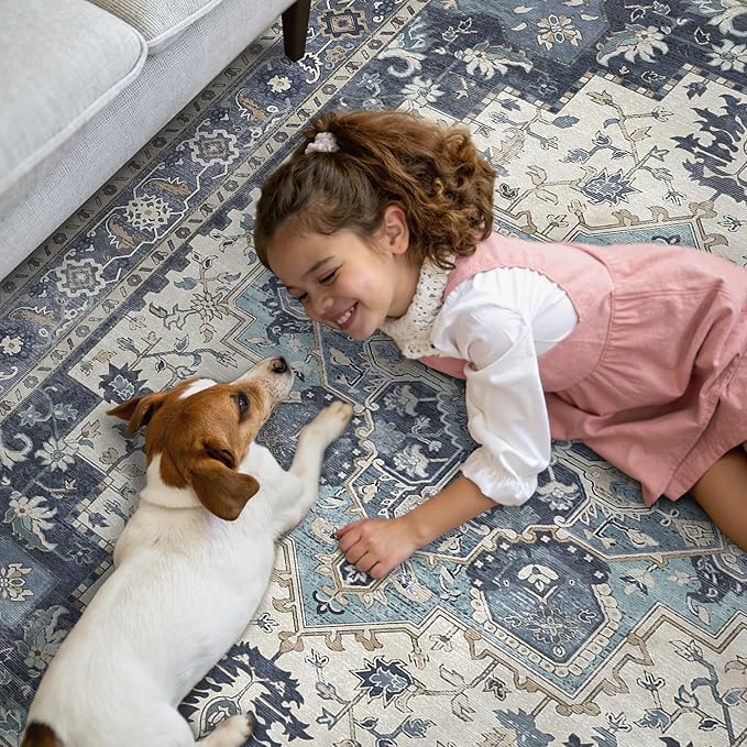 GENIMO 2'6"x10 Runner Rugs for Hallway, Machine Washable Non Slip Vintage Rugs, Low Pile Lightweight Soft Print Rug for enrtyway, Corridor, Home Office, Kitchen, Center Blue